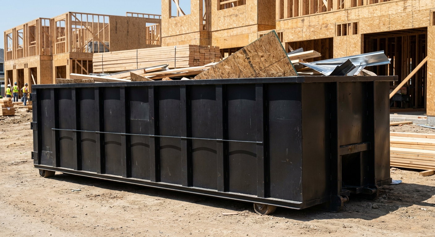 Matte-black 40-yard roll-off construction dumpster being lowered from a white-cab hooklift delivery truck onto the compacted-dirt jobsite at a commercial build site in Salt Lake City