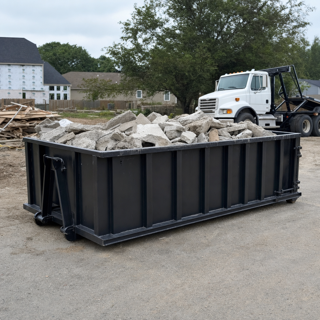 Low-profile matte-black lowboy roll-off dumpster loaded with broken concrete slab and rebar at a foundation tear-out in Salt Lake City, skid steer parked beside it, sunny Colorado morning