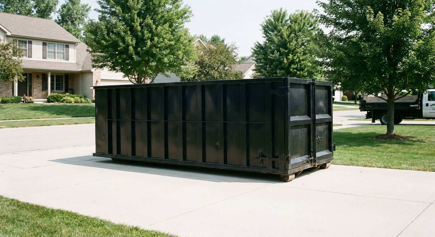 Matte-black 20-yard roll-off dumpster sitting level on a clean Salt Lake City residential concrete driveway under bright daylight, demonstrating clean placement directly on the concrete.
