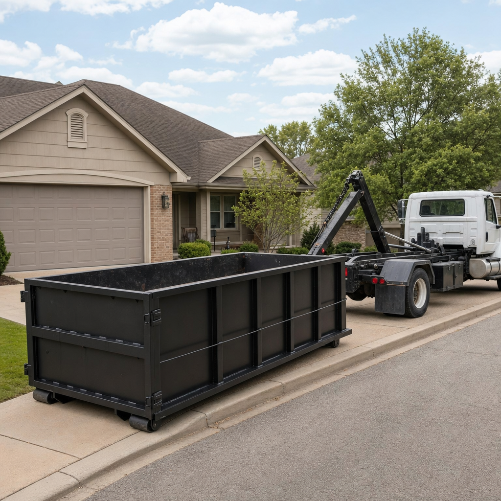 Wide documentary shot of a matte-black roll-off dumpster on a Salt Lake City residential driveway in the foreground and a contractor jobsite container in the soft-focus background, bright daylight, calm and orderly composition.