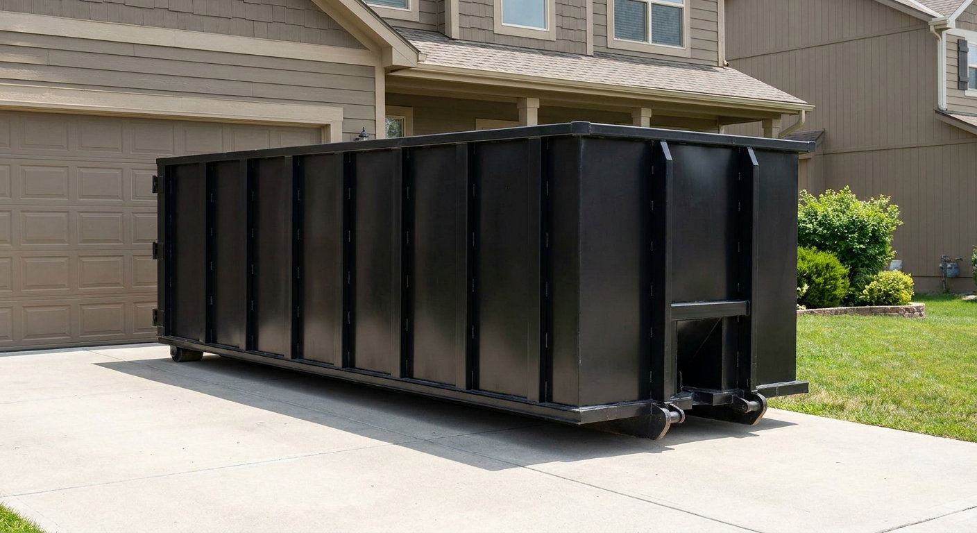 Matte-black residential roll-off dumpster sitting directly on a suburban Salt Lake City concrete driveway, garage door closed, single-family home in background, bright morning daylight.