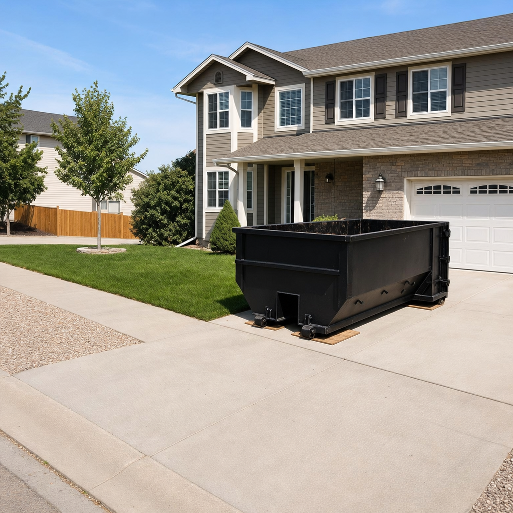 10-yard matte-black residential dumpster placed directly on a narrow Salt Lake City concrete driveway, room remains for a parked sedan beside it, mid-morning natural light