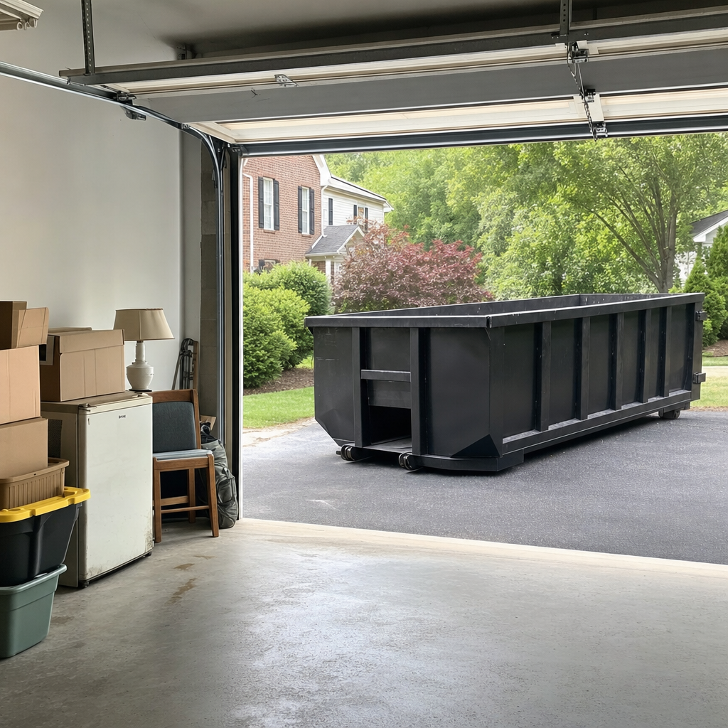 Open garage interior in a Salt Lake City home mid-cleanout — boxed items, an old appliance, and stacked yard tools queued near the driveway for a matte-black roll-off dumpster, organized and calm