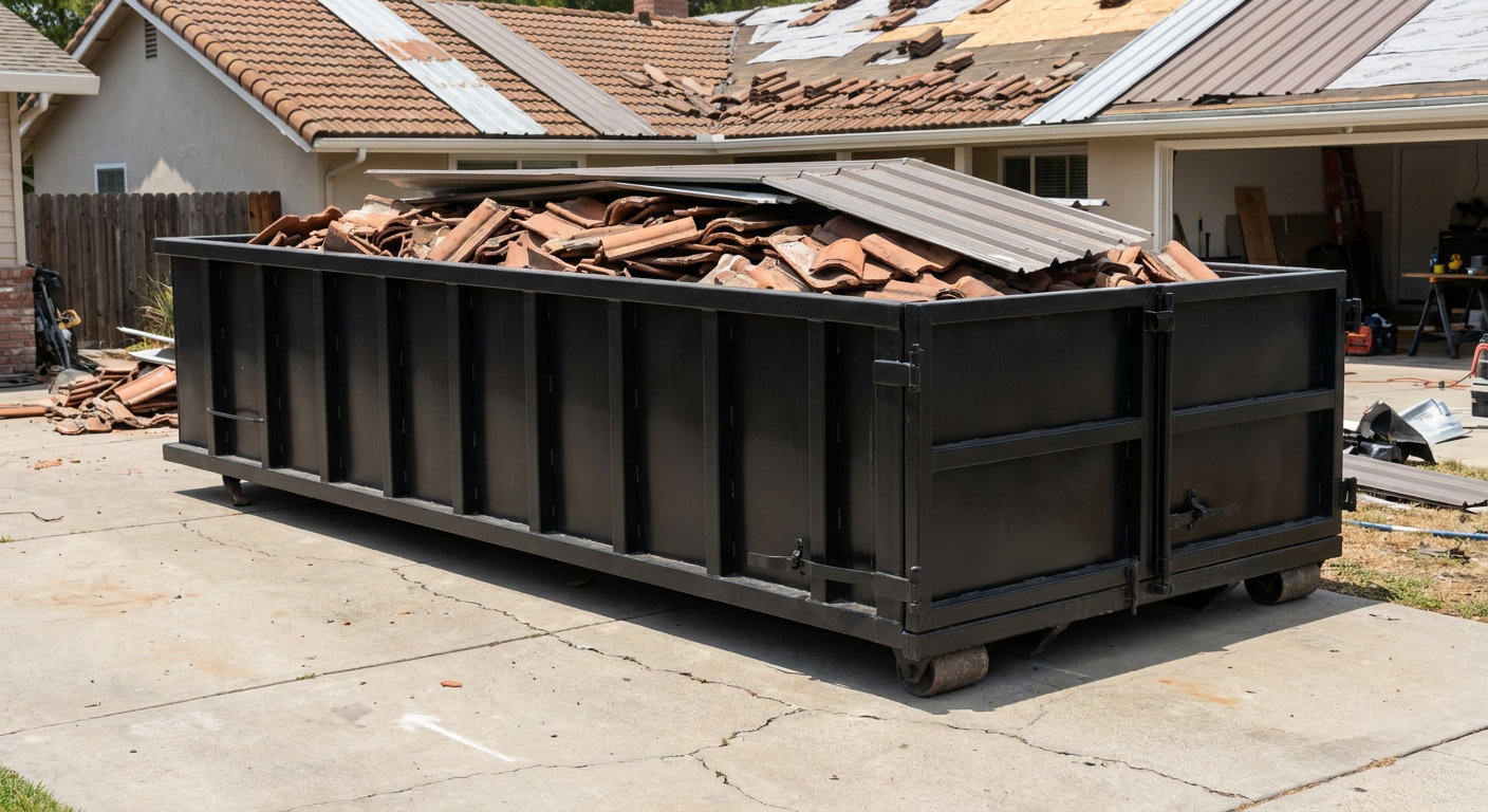 Matte-black low-wall heavy-debris roofing roll-off dumpster sitting directly on a Salt Lake City concrete driveway, broken concrete clay roof tiles and metal panel sections loaded inside, reinforced ribbed steel side walls visible, bright outdoor daylight.