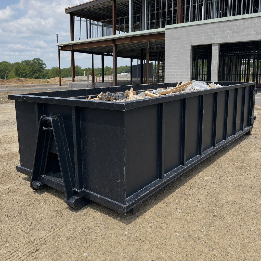 A matte-black 40-yard roll-off dumpster staged on a large Salt Lake City commercial construction lot, with a hooklift delivery truck parked alongside under bright midday sky.