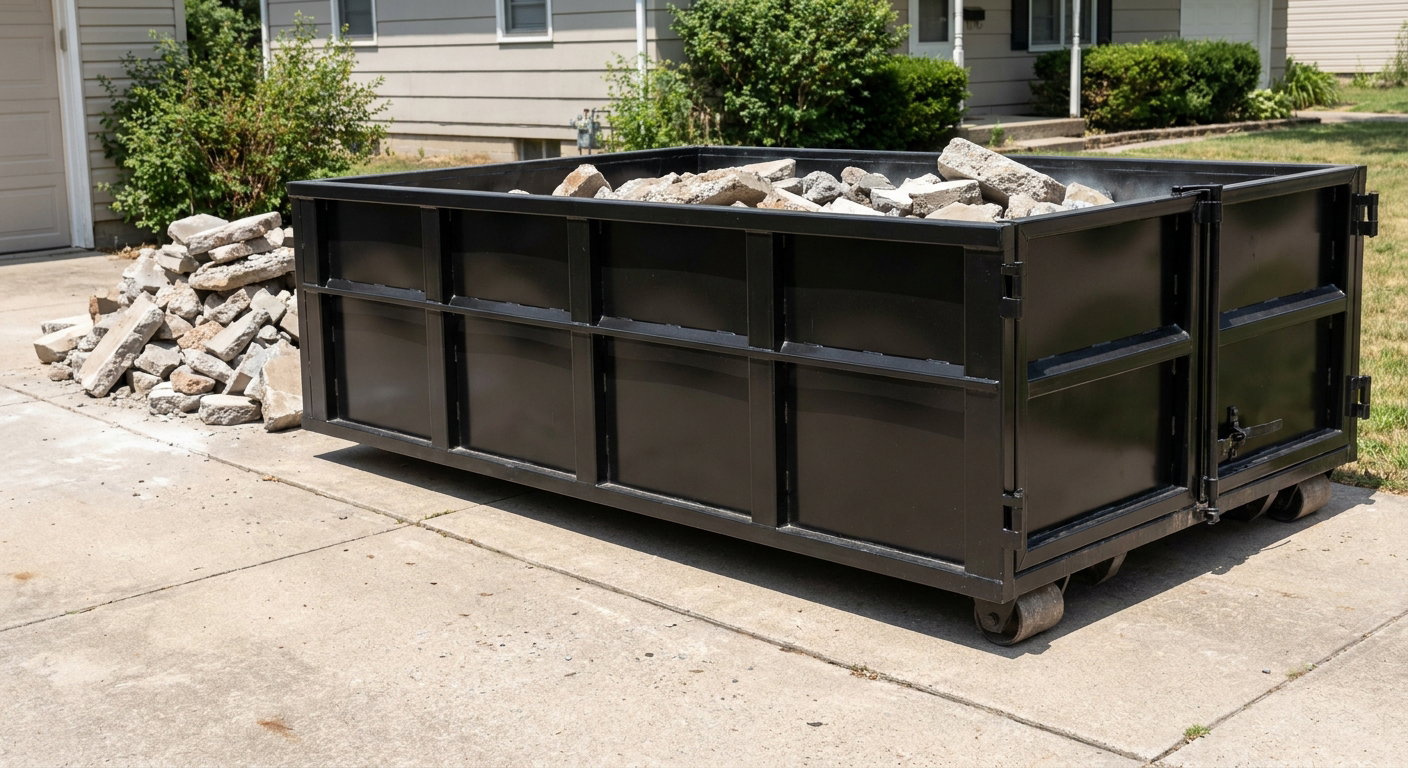 A matte-black low-side heavy-debris roll-off dumpster placed directly on a Salt Lake City concrete driveway, with broken concrete chunks neatly stacked beside it under clean daylight.